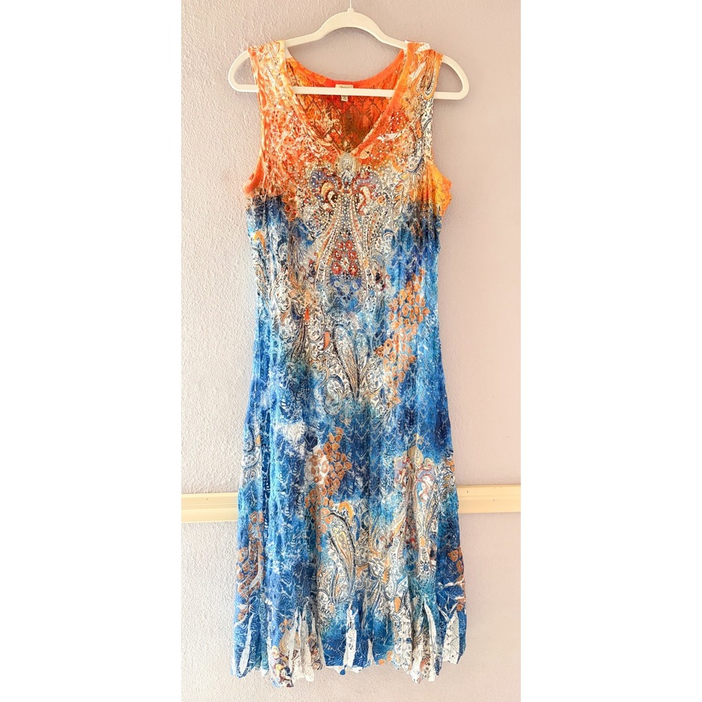 Y2K Roberto Cavalli Boho Style Orange Blue Cut Out Rhinestone Dress Whimsy XL